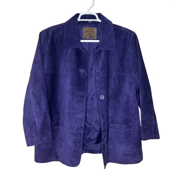 Vintage St Johns Bay Suede Leather Coat Women's Petite Large Purple‎ Button Up - Picture 2 of 8